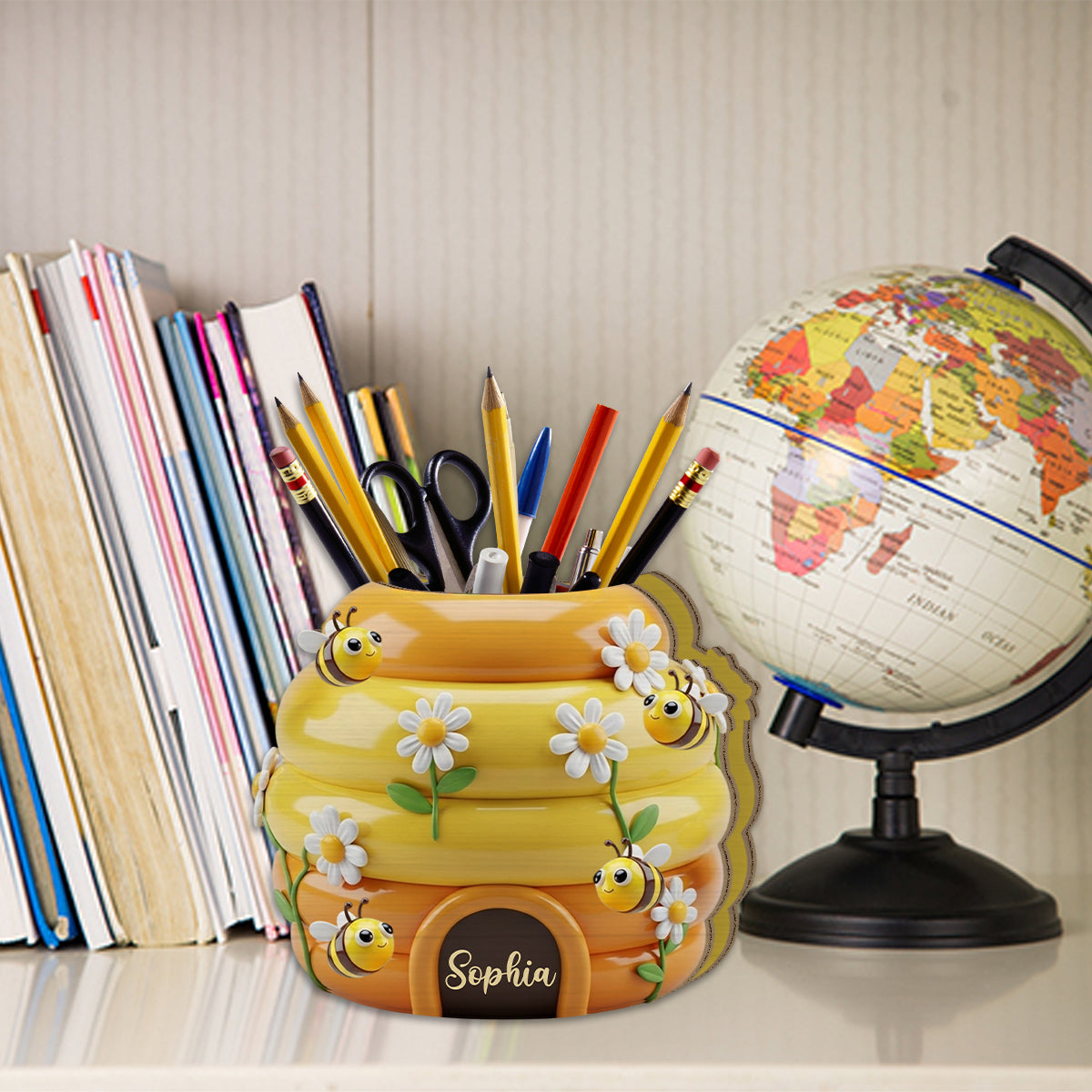 Adorable ruche - Porte-stylo en bois personnalisé en forme d'abeille