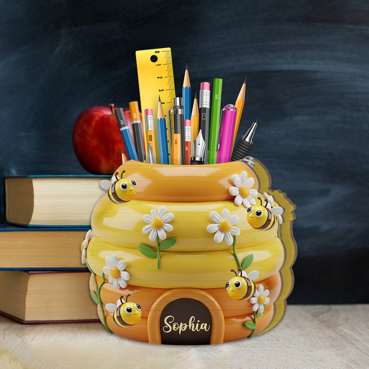Adorable ruche - Porte-stylo en bois personnalisé en forme d'abeille