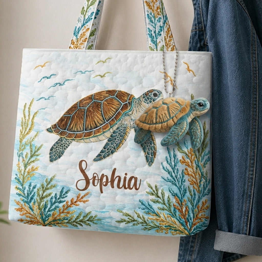 Sac Set Tortue de Mer Avec Charme - Sac Tote Matelassé Personnalisé Avec Charme Doux