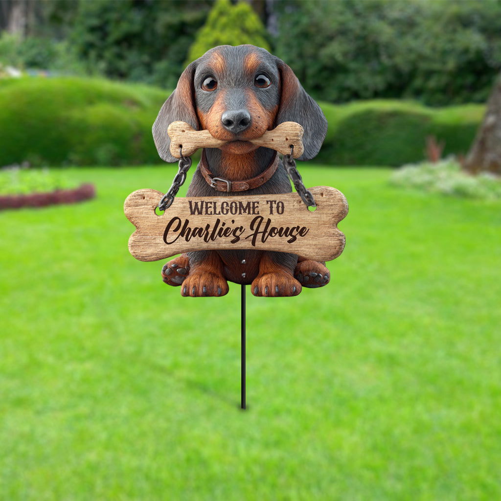 Bienvenue - Panneau de jardin personnalisé en acrylique représentant un teckel
