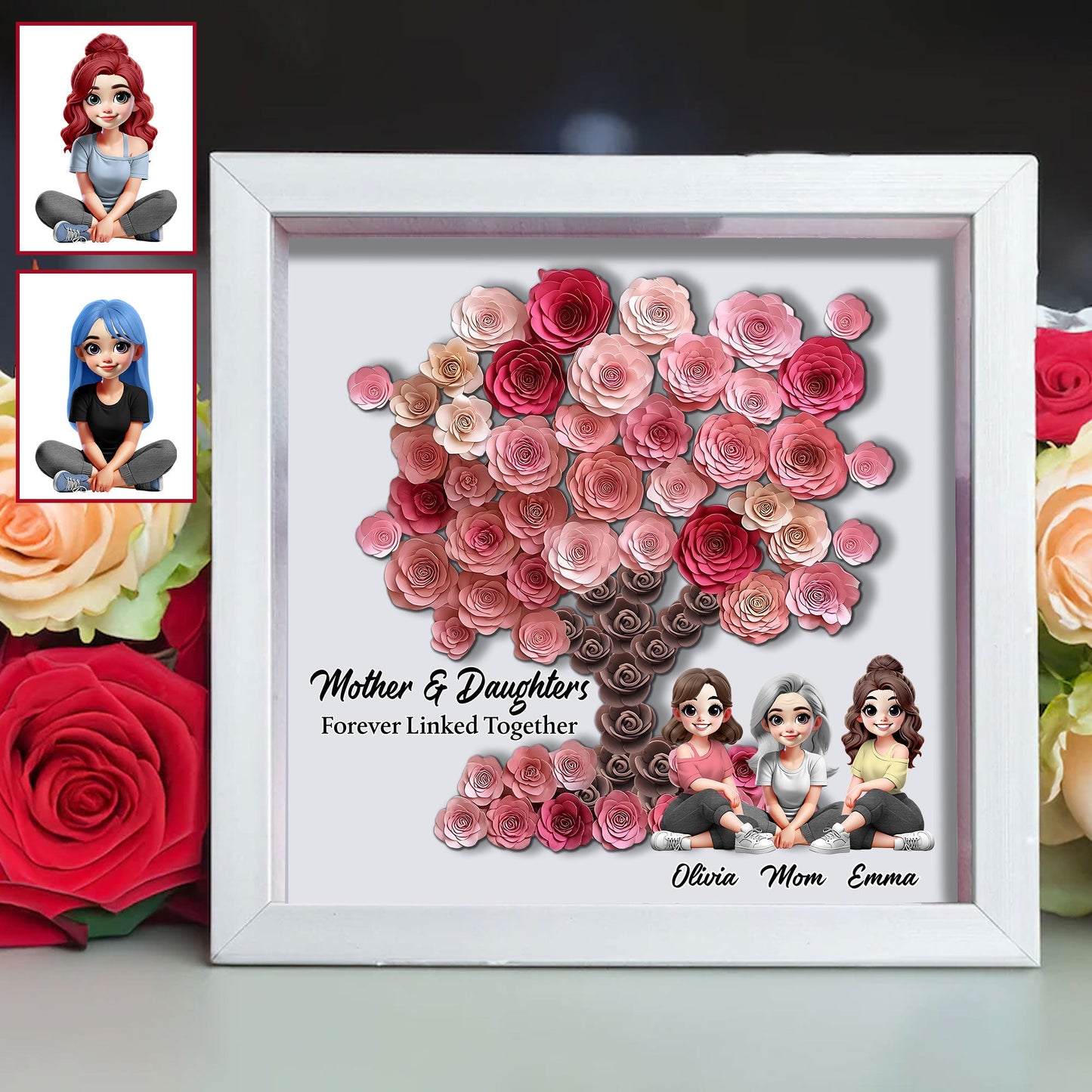 Mother and Daughter Forever Linked Together - Personalized Mother Custom Shaped Flower Shadow Box