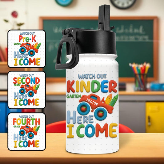 Watch Out Kindergarten Here I Come - Personalized Kid Kids Water Bottle