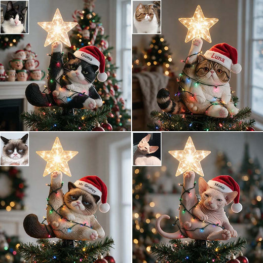 Christmas, Star & Balls - Personalized Cat LED Light Tree Topper