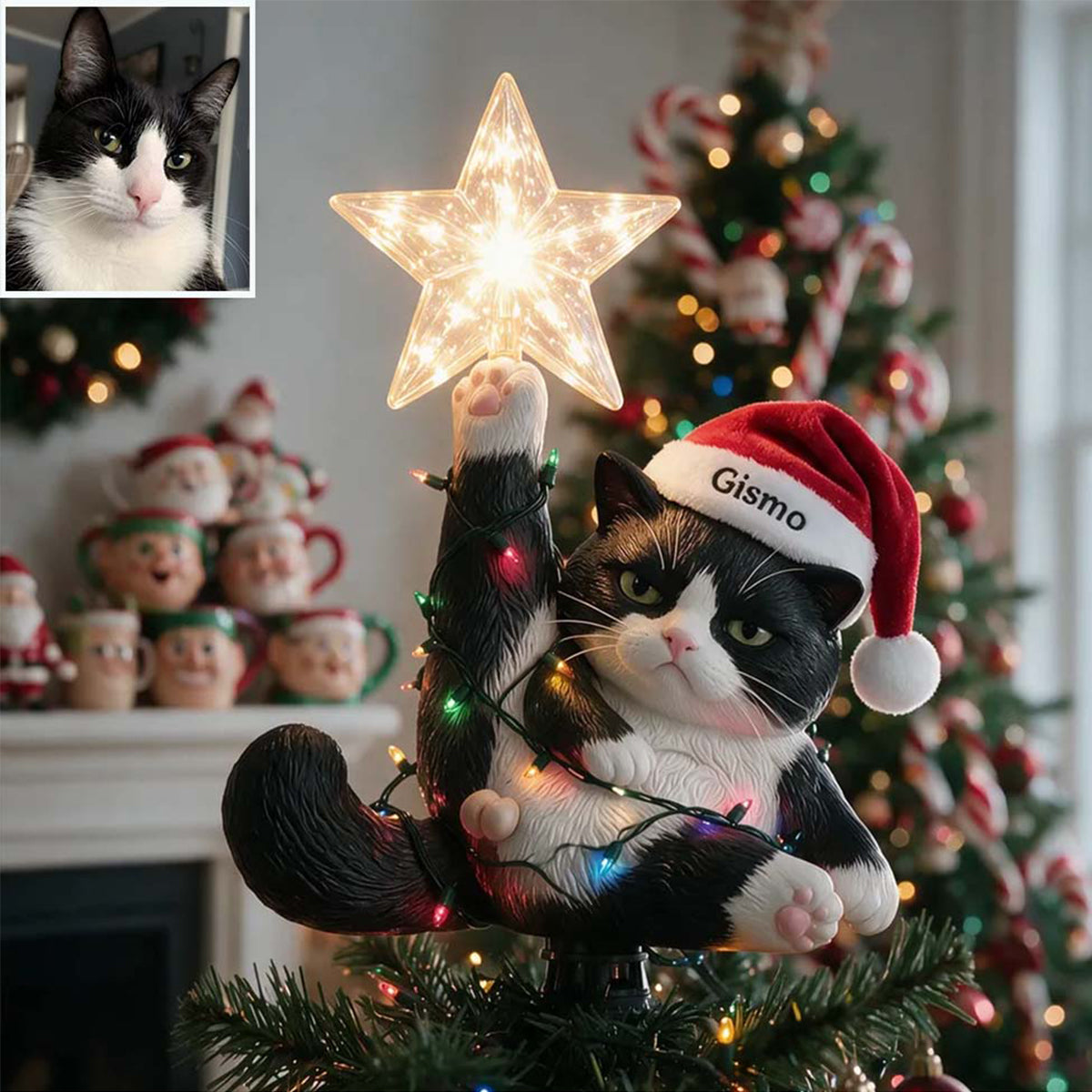 Christmas, Star & Balls - Personalized Cat LED Light Tree Topper