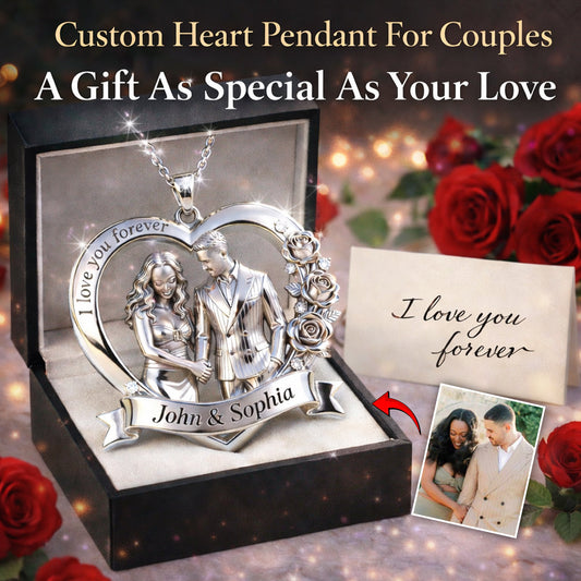 Couple Valentine Gift, I Love You Forever - Personalized Couple Shaped Metal Pendant Necklace