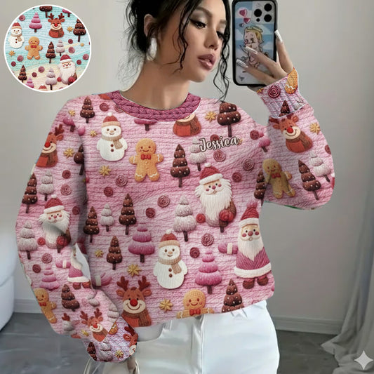 Joyeux Noël ! Personnages de dessin animé du Père Noël - Pull de Noël moche personnalisé