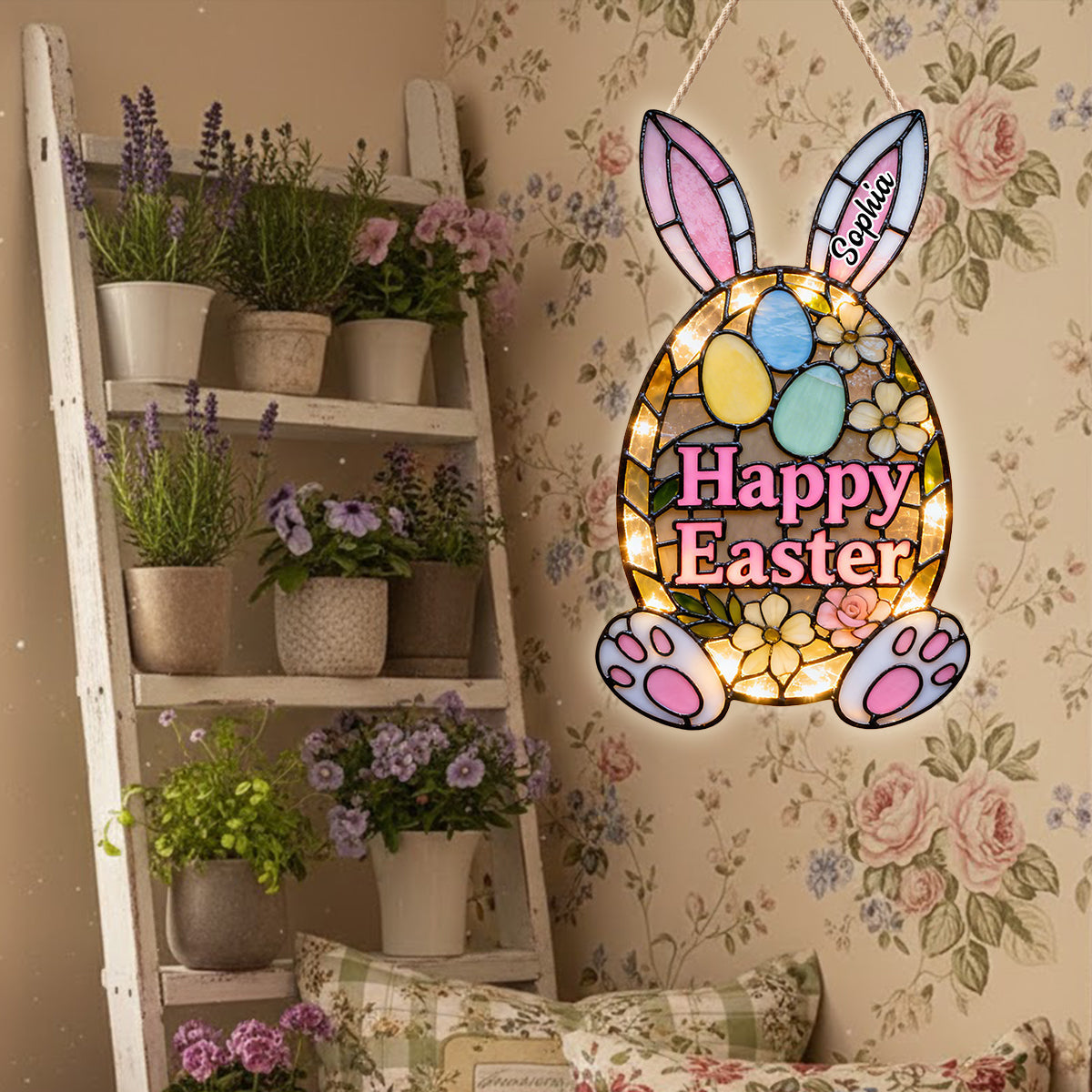 Easter Bunny Decorative Door Sign - Personalized Easter Day LED Light Acrylic Sign