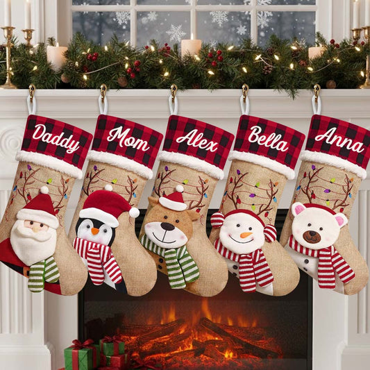 Holiday Vibes Santa Reindeer Elf Bear Snowman - Personalized Family Shaped Christmas Stocking