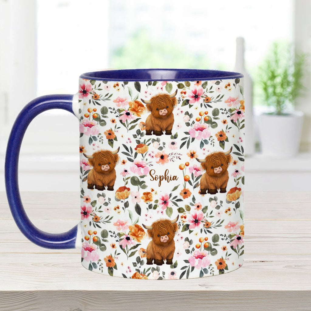 Mug personnalisé à motif vache des Highlands fleurie