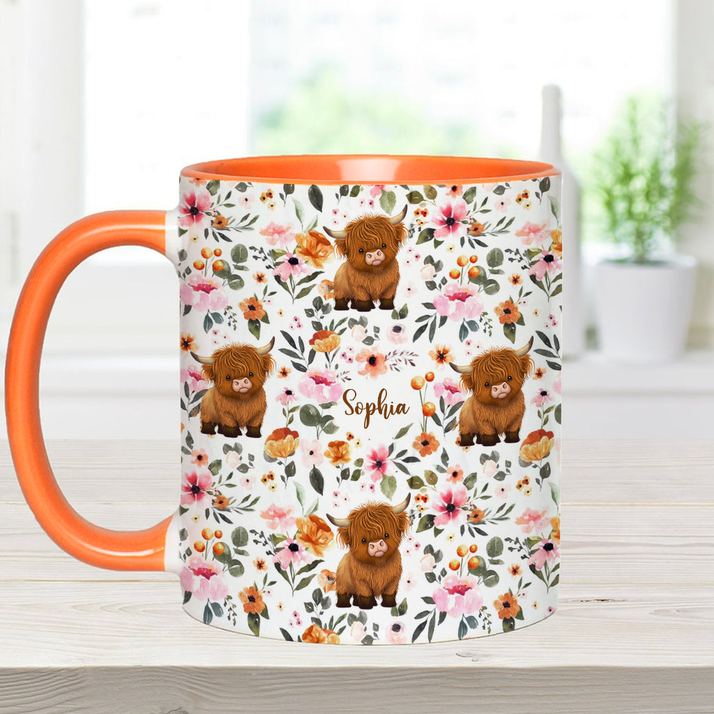 Mug personnalisé à motif vache des Highlands fleurie