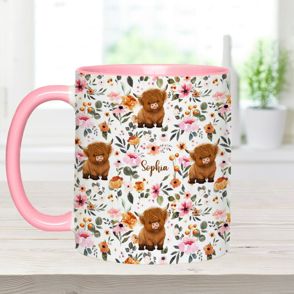 Mug personnalisé à motif vache des Highlands fleurie