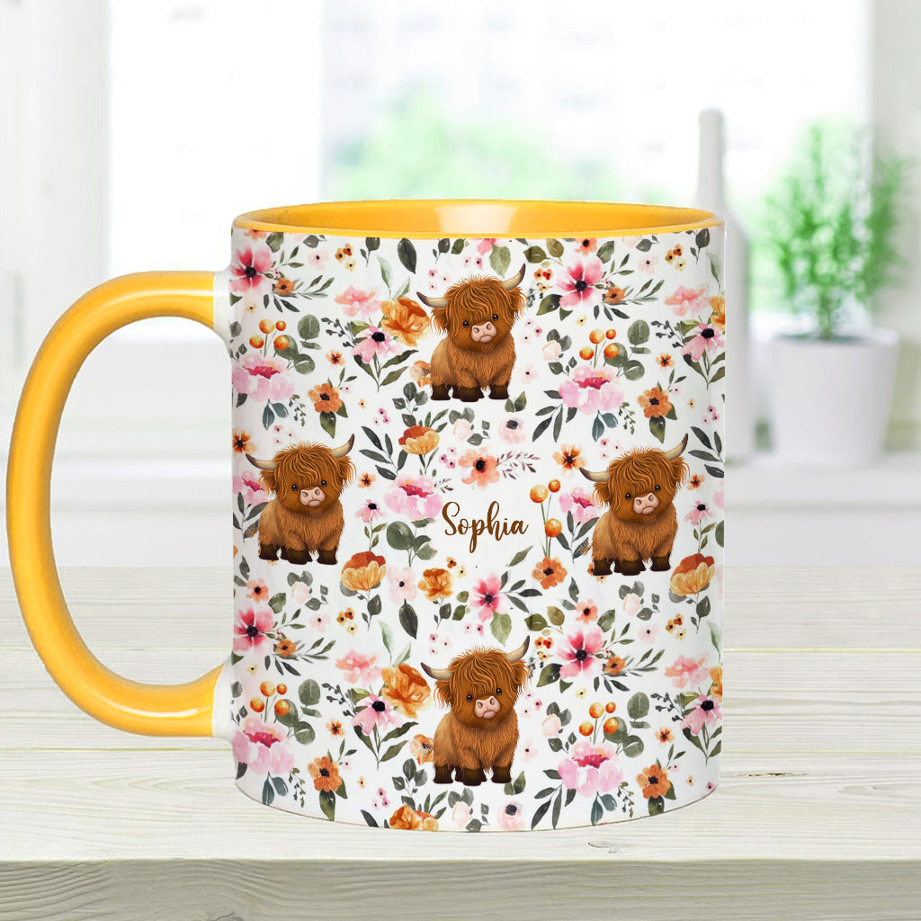 Mug personnalisé à motif vache des Highlands fleurie