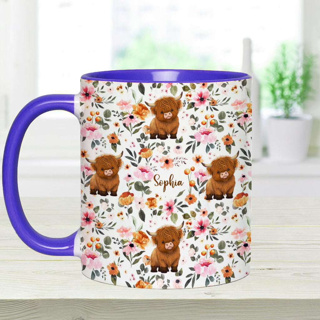 Mug personnalisé à motif vache des Highlands fleurie