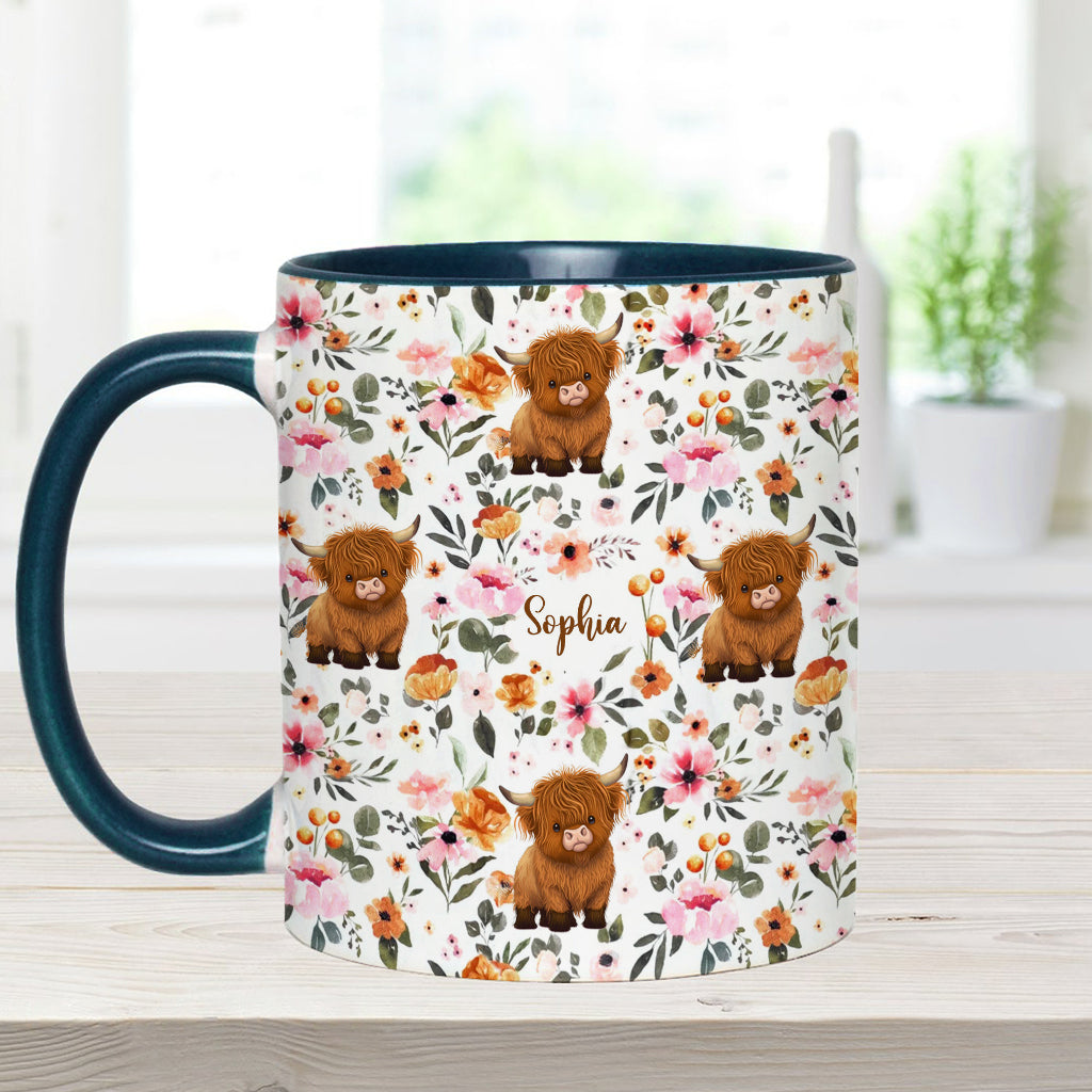 Mug personnalisé à motif vache des Highlands fleurie