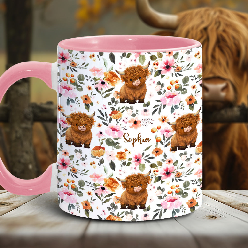 Mug personnalisé à motif vache des Highlands fleurie