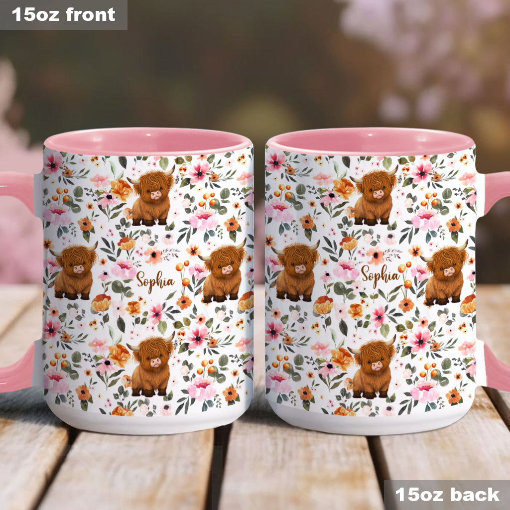 Mug personnalisé à motif vache des Highlands fleurie
