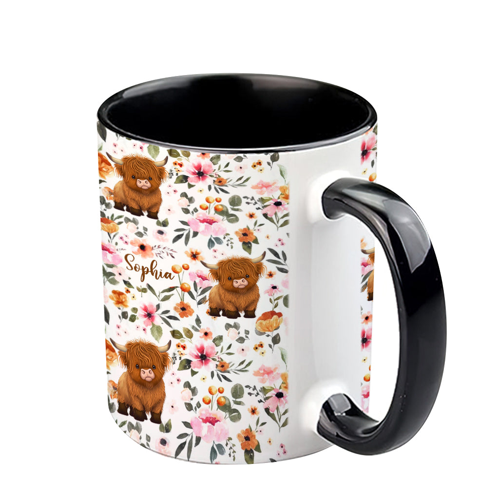Mug personnalisé à motif vache des Highlands fleurie