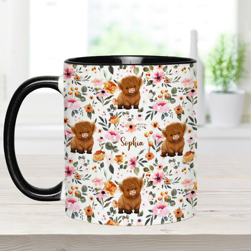 Mug personnalisé à motif vache des Highlands fleurie