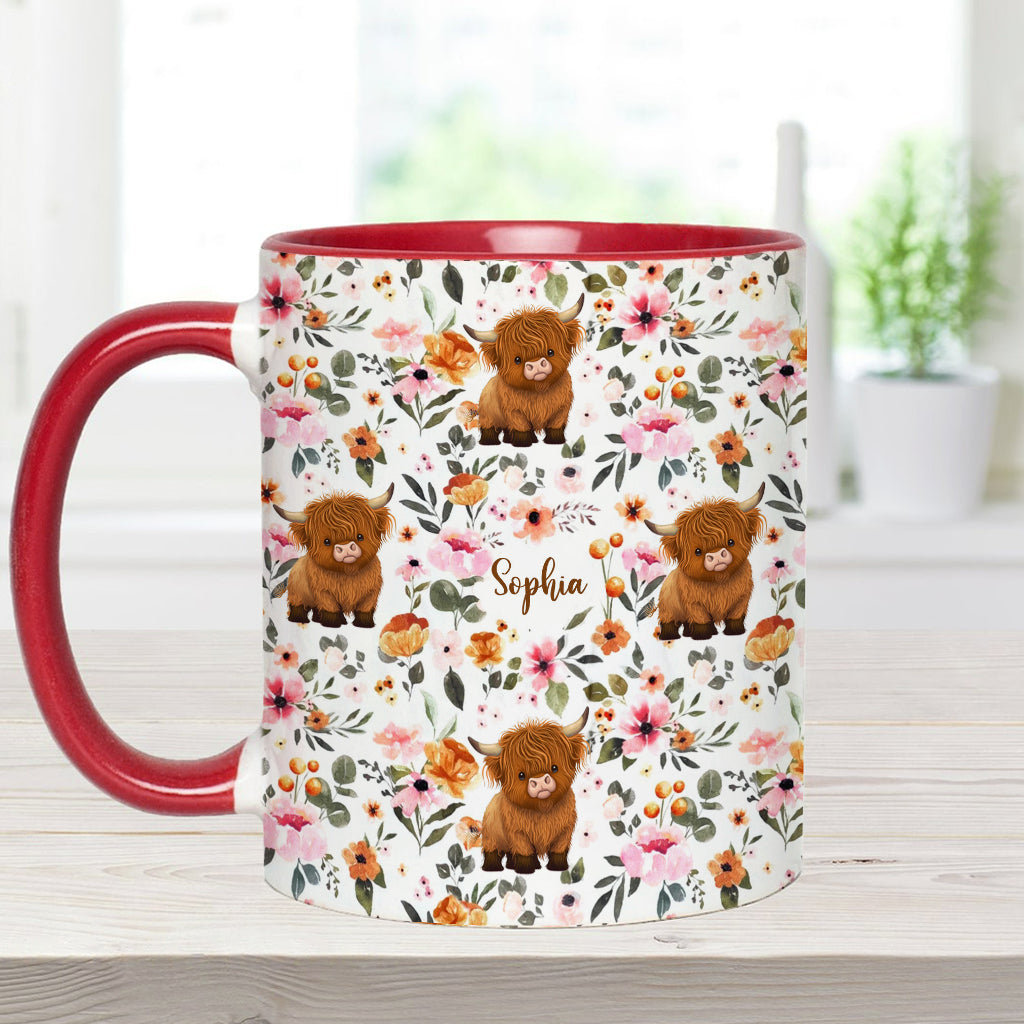 Mug personnalisé à motif vache des Highlands fleurie