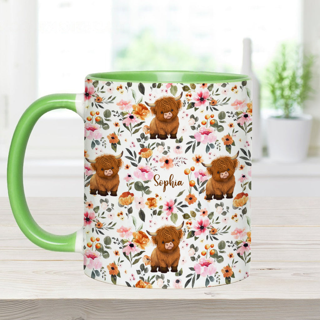 Mug personnalisé à motif vache des Highlands fleurie
