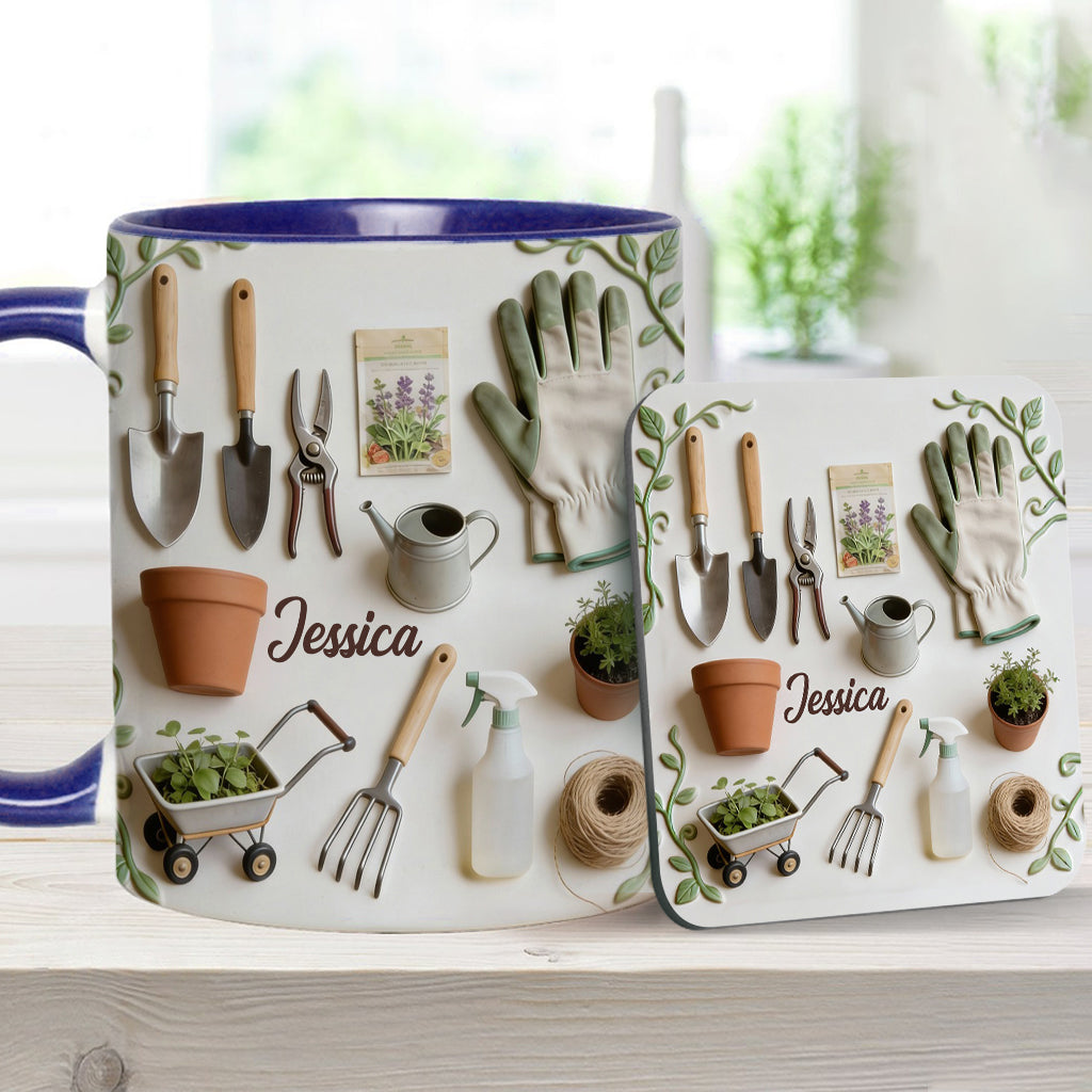 J'adore le jardinage - Mug et sous-verre personnalisés sur le thème du jardinage