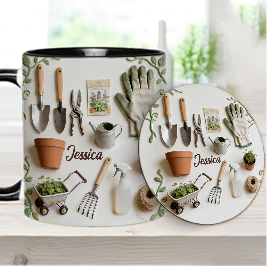 J'adore le jardinage - Mug et sous-verre personnalisés sur le thème du jardinage