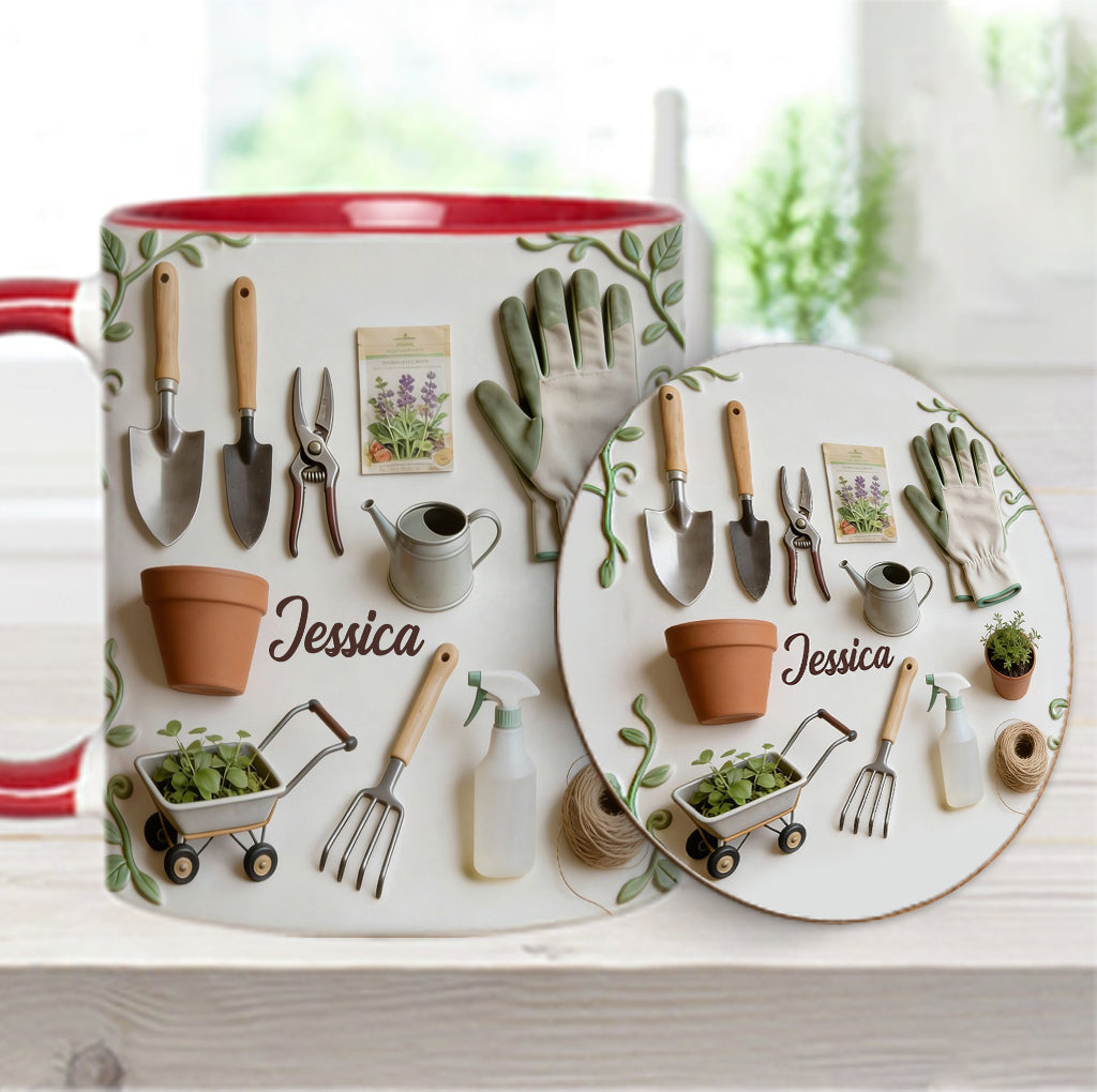 J'adore le jardinage - Mug et sous-verre personnalisés sur le thème du jardinage