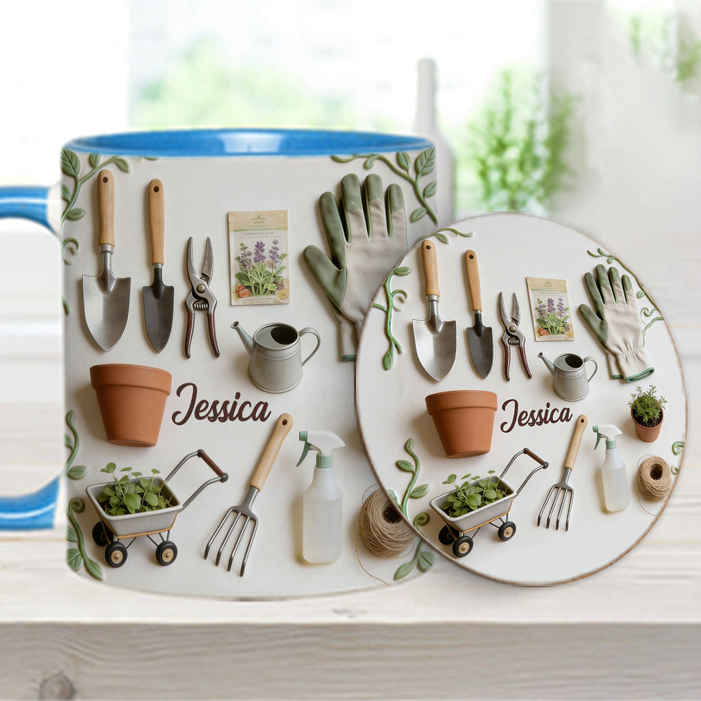 J'adore le jardinage - Mug et sous-verre personnalisés sur le thème du jardinage