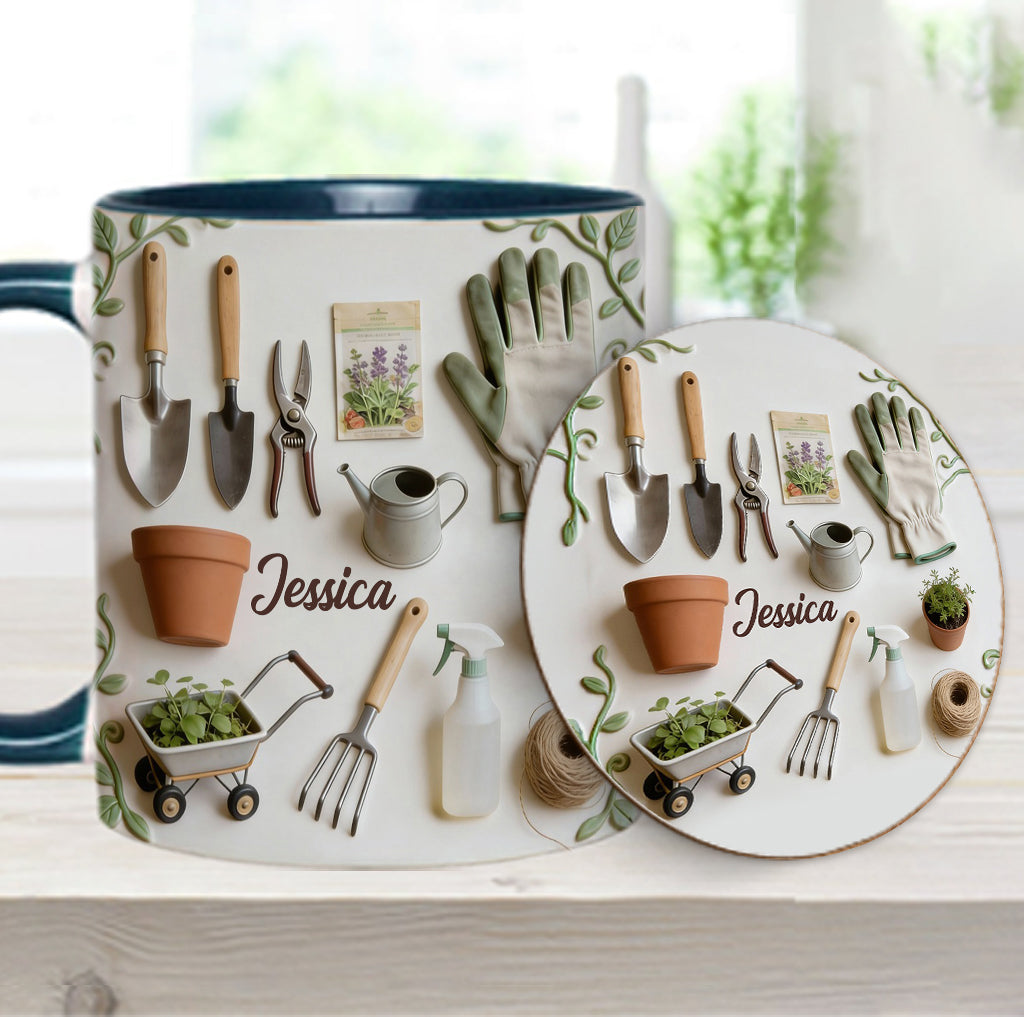 J'adore le jardinage - Mug et sous-verre personnalisés sur le thème du jardinage