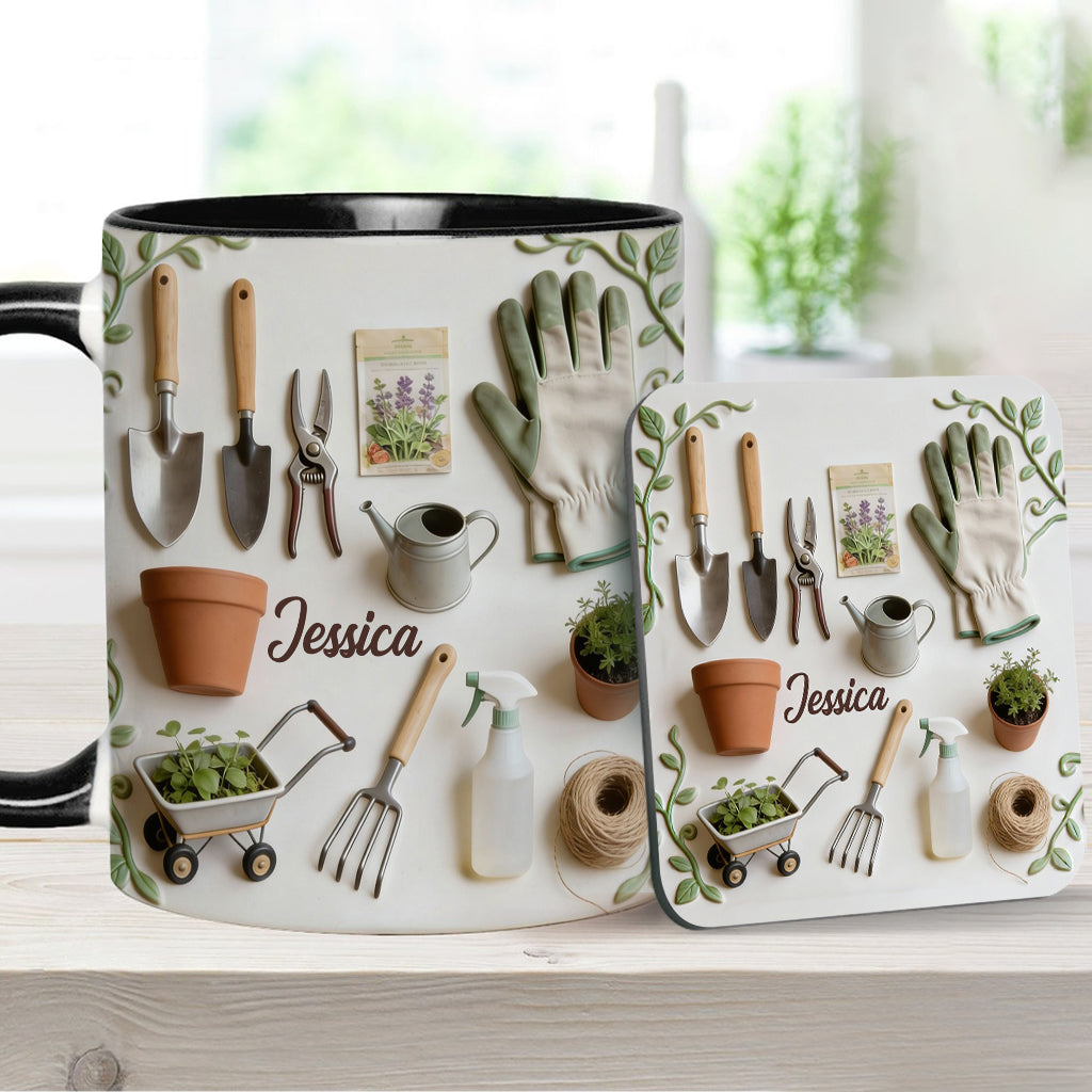 J'adore le jardinage - Mug et sous-verre personnalisés sur le thème du jardinage