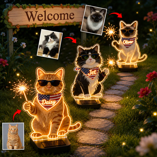Célébrez le 4 juillet - Lampe solaire acrylique personnalisée pour chat