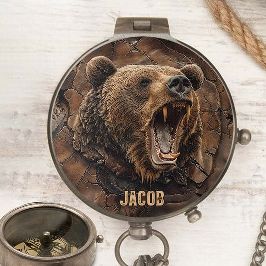 Grizzlies Rugissant - Design réaliste d'ours - Boussole ours personnalisée