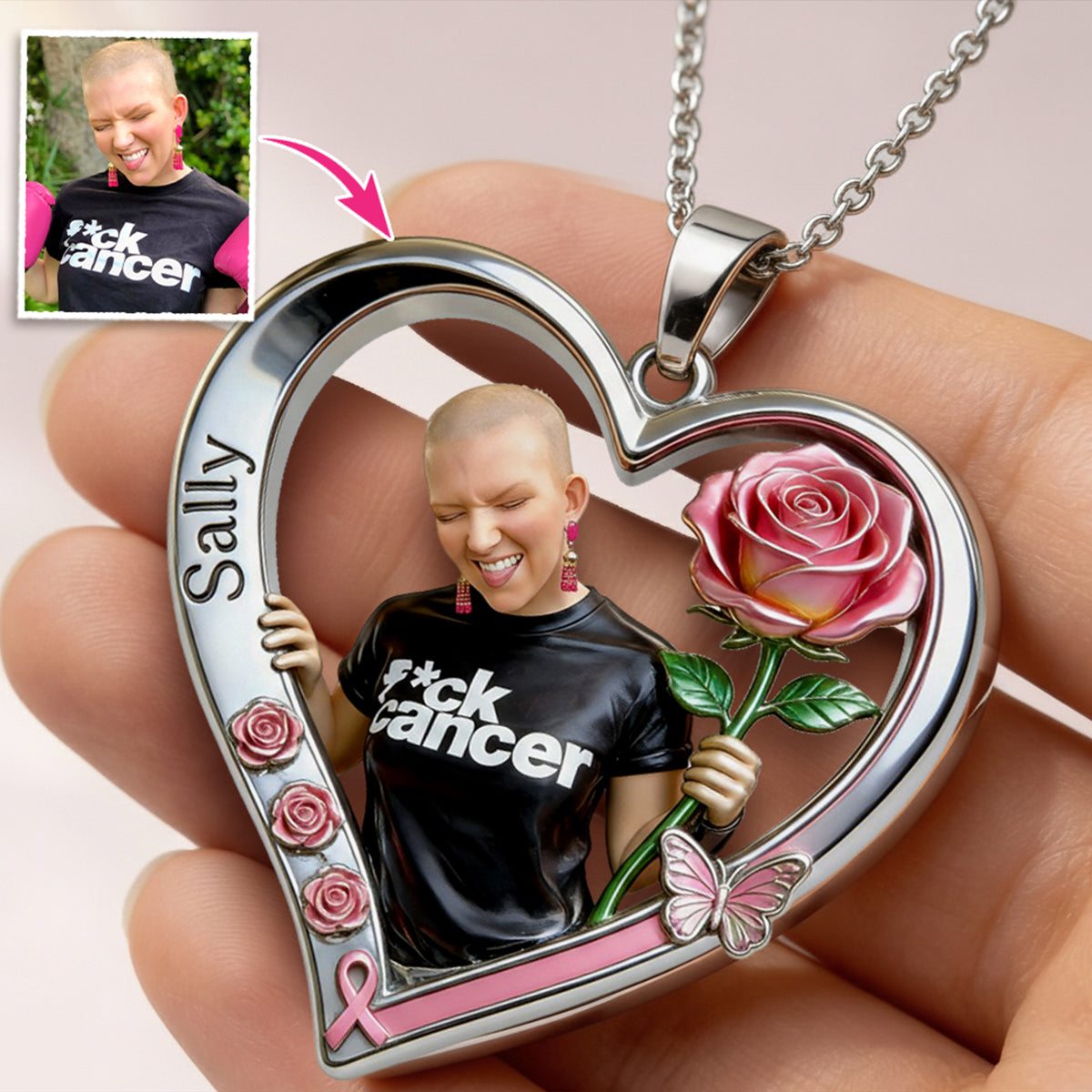 Any Photo Pink Ribbon Survivor - Personalized Breast Cancer Awareness Shaped Metal Pendant Necklace