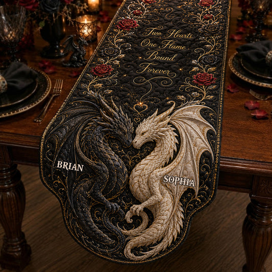 Two Hearts One Flame Bound Forever - Personalized Dragon Table Runner Custom Shape