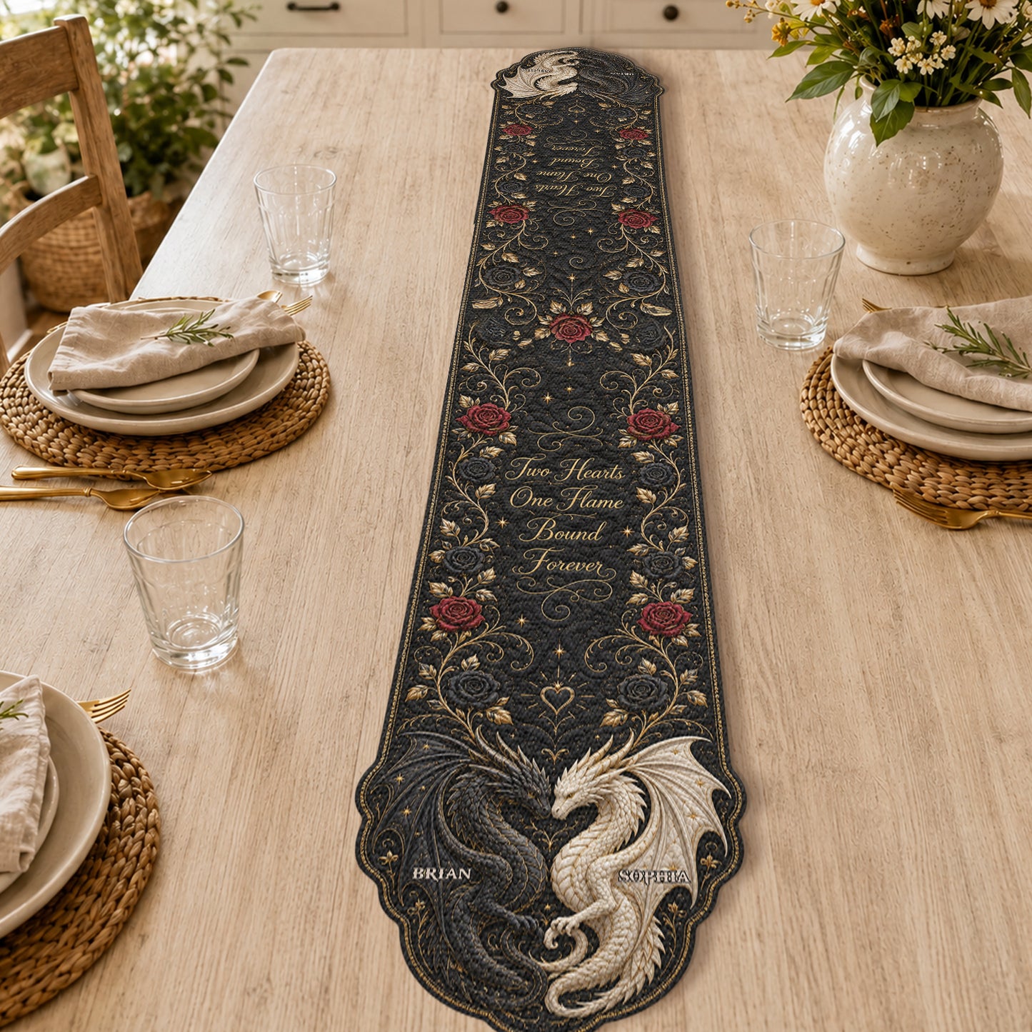 Two Hearts One Flame Bound Forever - Personalized Dragon Table Runner Custom Shape