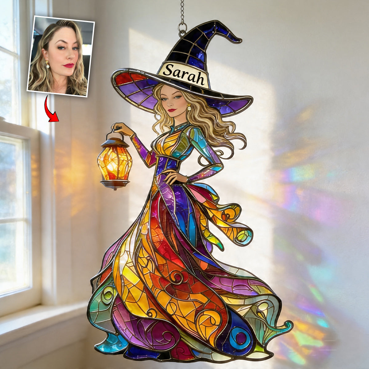Photo Personnalisée - Ornement Suncatcher de Fenêtre de Sorcière Personnalisé