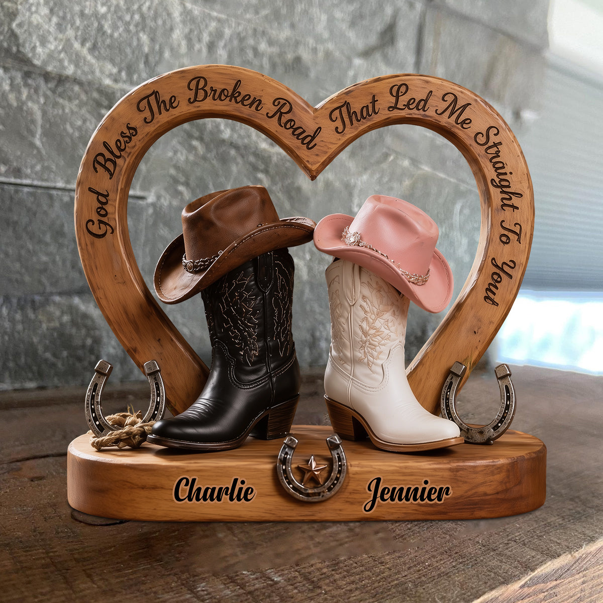 Couple Cowboy & Cowgirl, Décoration de Maison Western, God Bless The Broken Road - Plaque en Bois Personnalisée