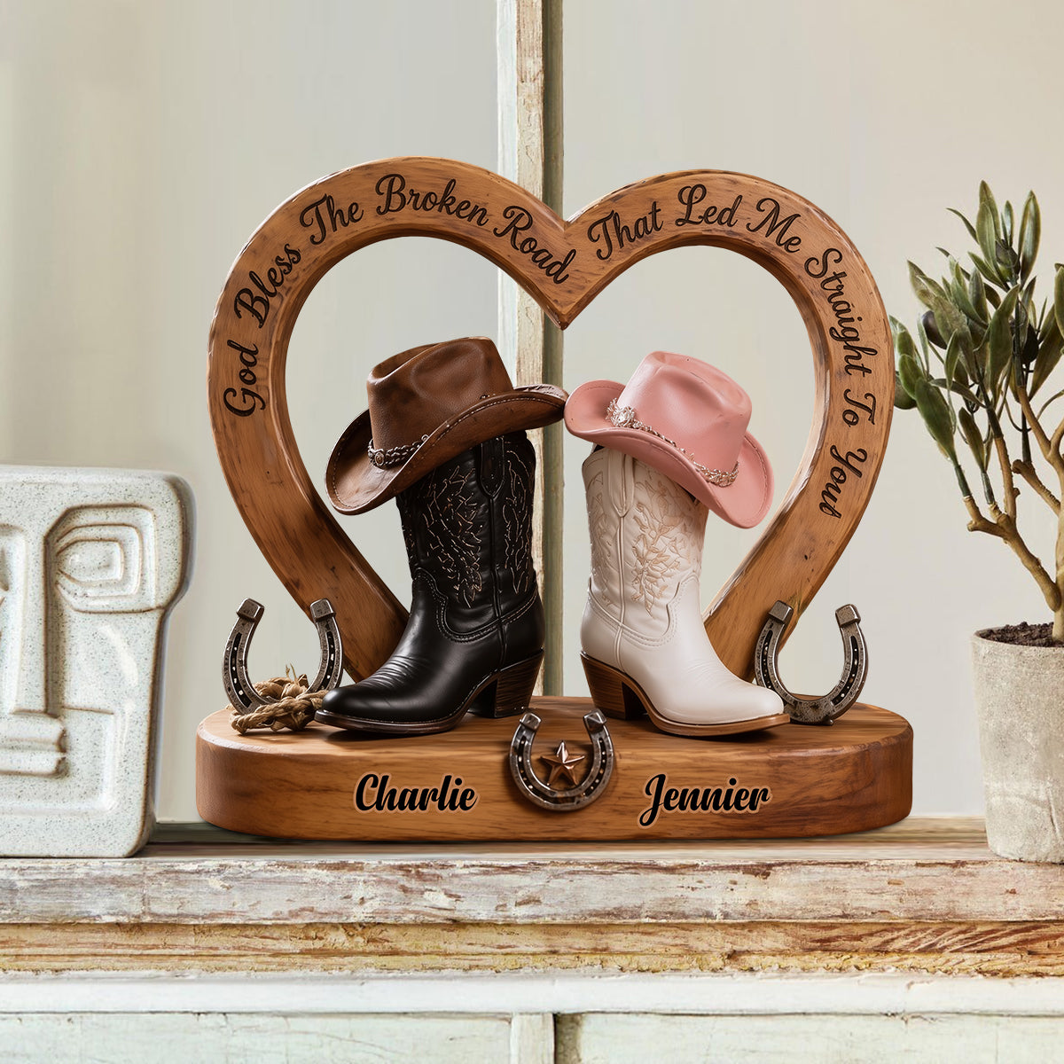 Couple Cowboy & Cowgirl, Décoration de Maison Western, God Bless The Broken Road - Plaque en Bois Personnalisée