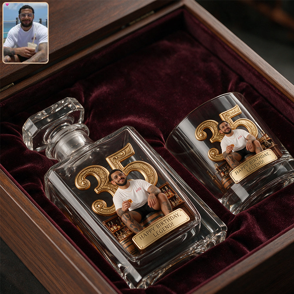 Birthday Gift For Him Dad.... Custom From Any Photo - Personalized Birthday Whiskey Decanter Set