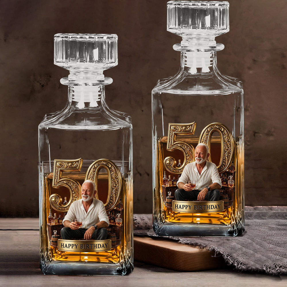 Birthday Gift For Him Dad.... Custom From Any Photo - Personalized Birthday Whiskey Decanter Set