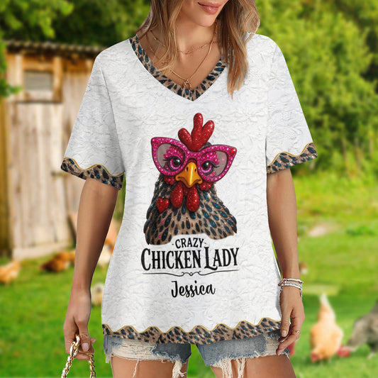 Crazy Chicken Lady - T-shirt à col en V personnalisé avec imprimé poulet intégral