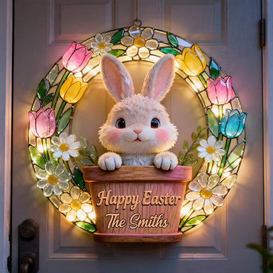 Joyeuses Pâques - Panneau lumineux LED personnalisé pour la famille en acrylique