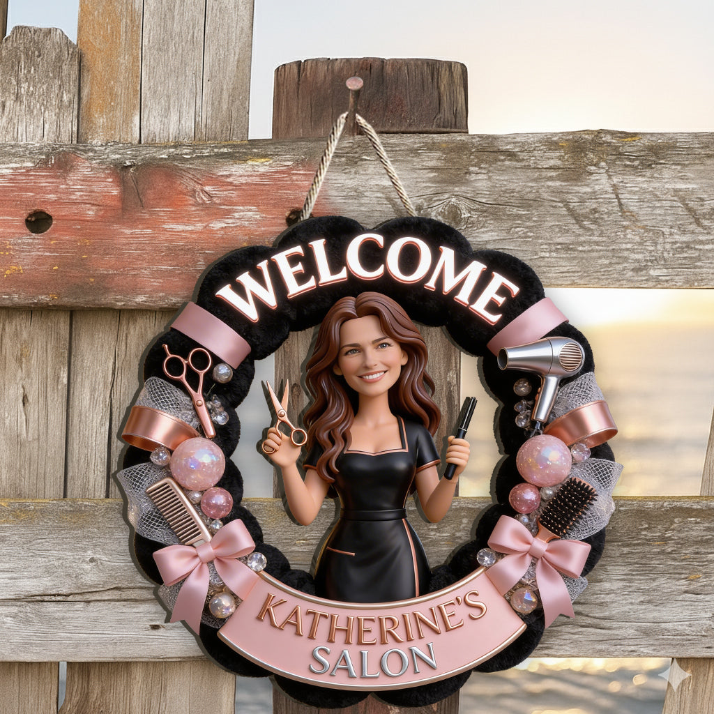 Any Photo Hair Salon Welcome Sign - Personalized Hairdresser Custom Shaped Wood Sign