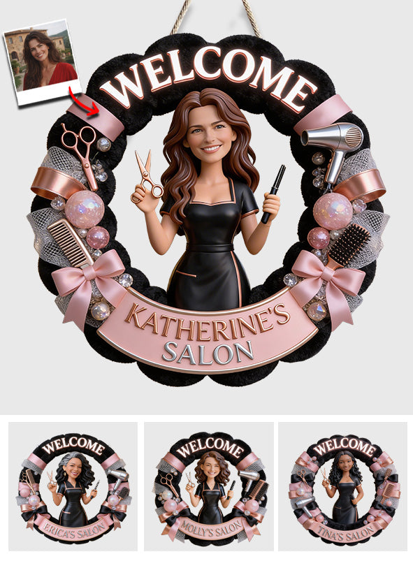 Any Photo Hair Salon Welcome Sign - Personalized Hairdresser Custom Shaped Wood Sign