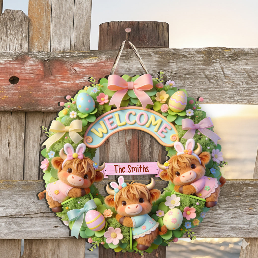 Happy Easter's Day Cute Highland Cow - Personalized Highland Cow Custom Shaped Wood Sign