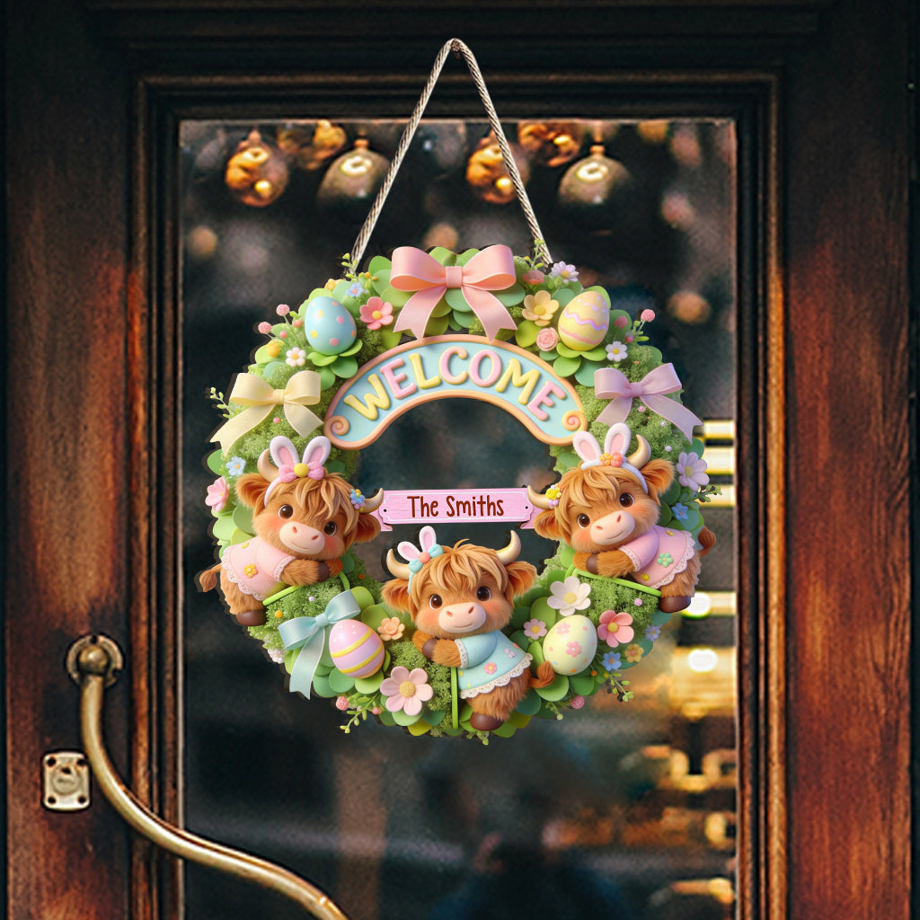 Happy Easter's Day Cute Highland Cow - Personalized Highland Cow Custom Shaped Wood Sign