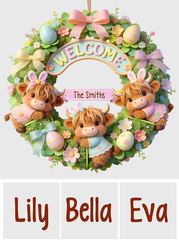 Happy Easter's Day Cute Highland Cow - Personalized Highland Cow Custom Shaped Wood Sign