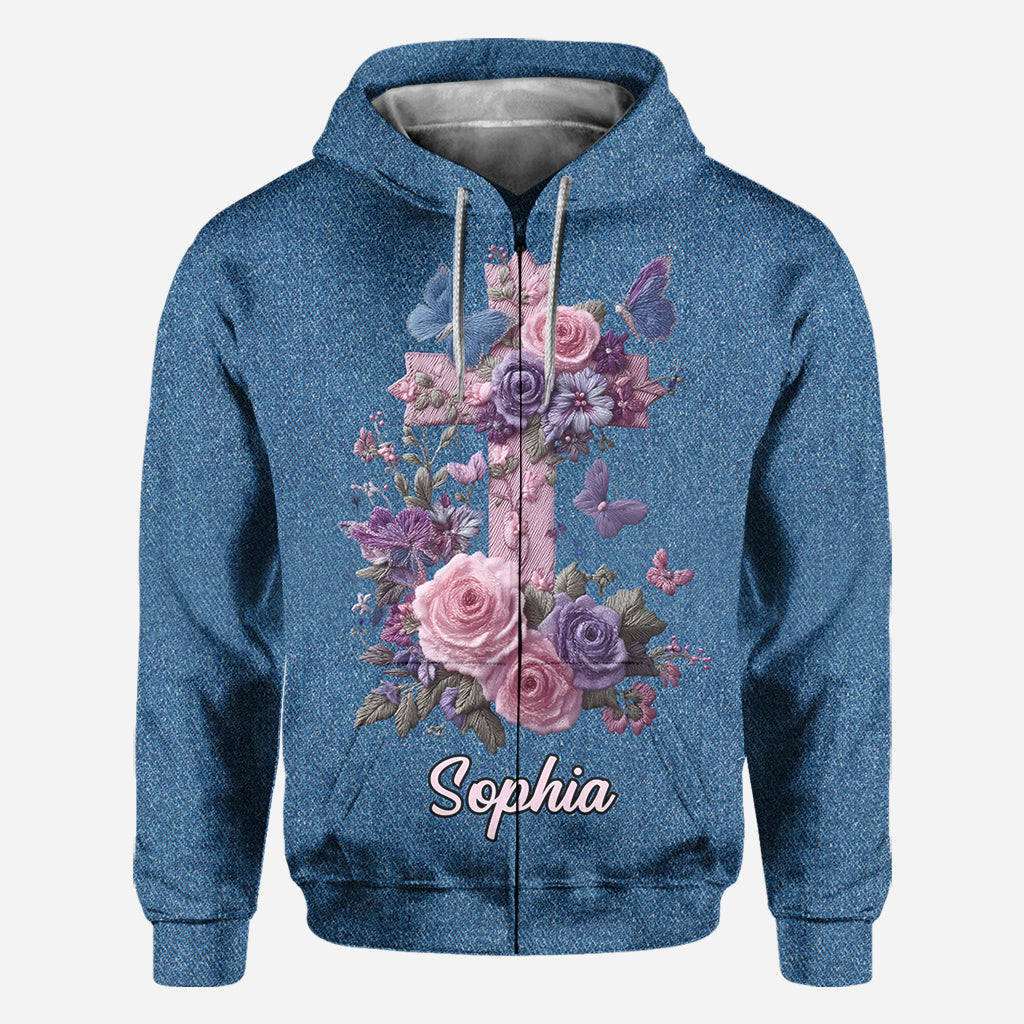 Croix et fleurs - Style élégant honorant la foi - T-shirt chrétien personnalisé