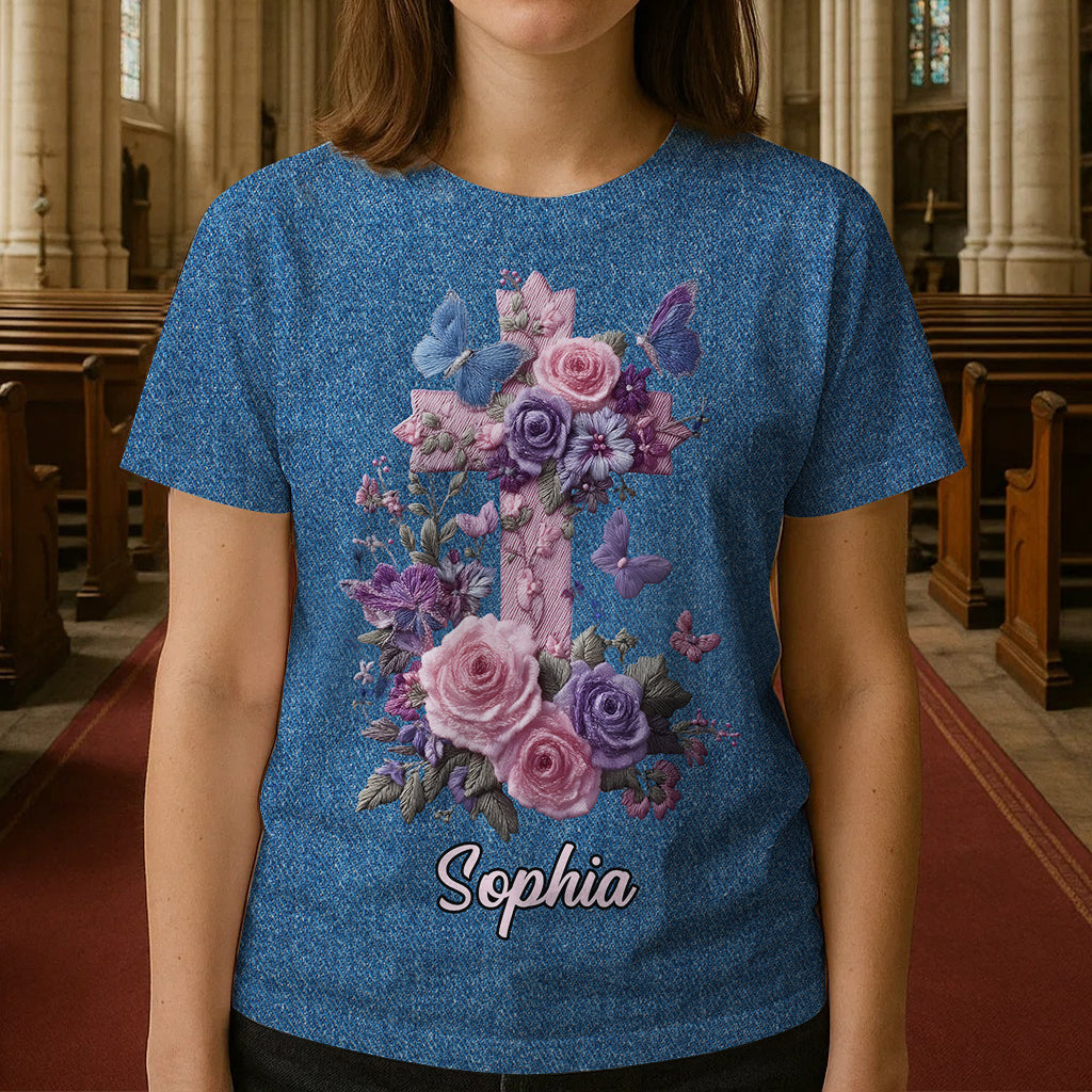 Croix et fleurs - Style élégant honorant la foi - T-shirt chrétien personnalisé