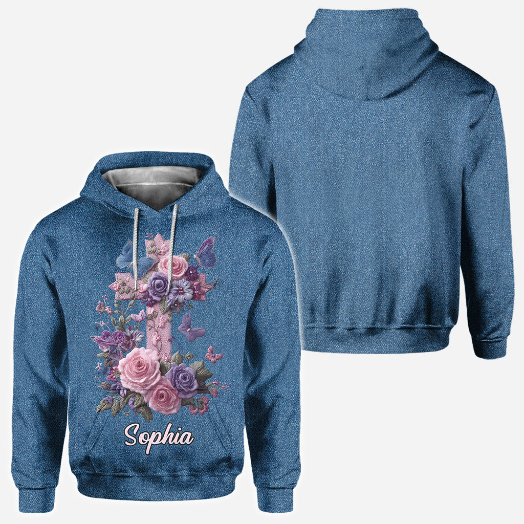 Croix et fleurs - Style élégant honorant la foi - T-shirt chrétien personnalisé